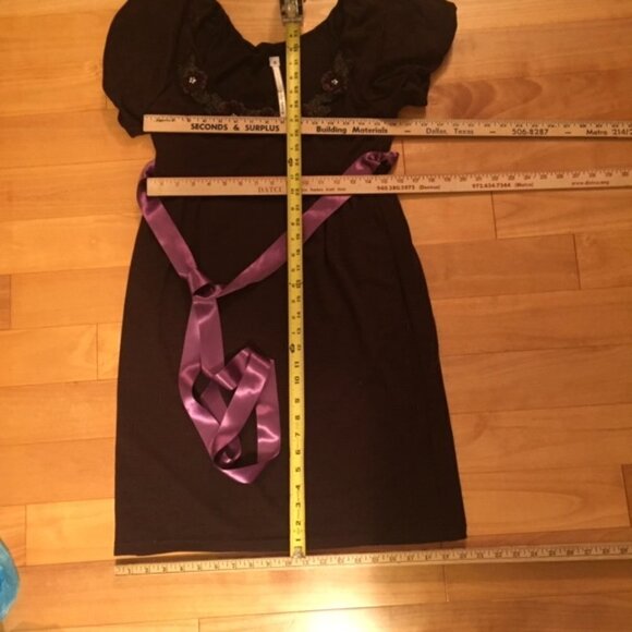 Uncle Frank Chocolate Brown Dress Floral Embellished Neckline Lilac Ribbon Belt - Picture 6 of 7